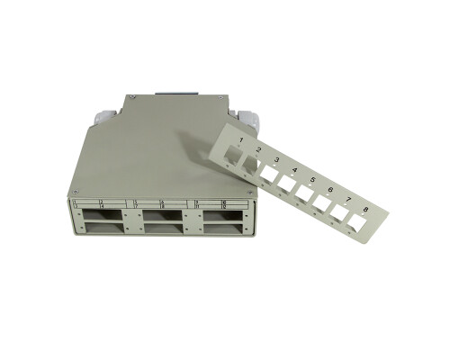 Industrie Splei&szlig;verteiler, unbest&uuml;ckt, LWL-Hutschienen-Splei&szlig;box f&uuml;r 6x SC-D-/LC-Q-Kupplungen oder 8x LC-D-/SC-S-Kupplungen