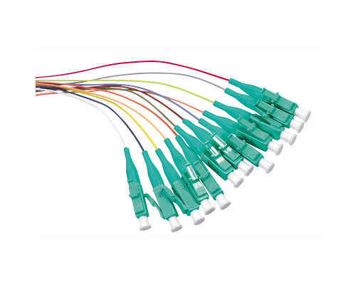 Faserpigtail Set, Farbiger Pigtailsatz 12x LC, OM3, 2m, Stecker t&uuml;rkis