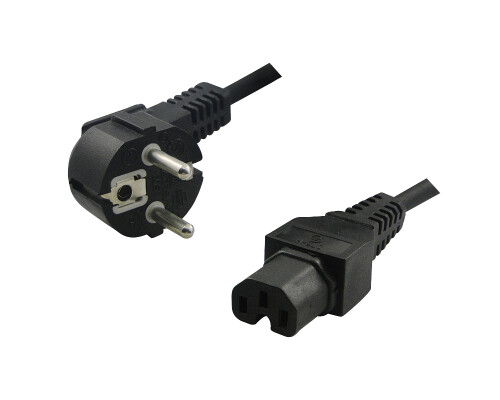 Netzkabel, Schutzkontaktstecker 90&deg; auf Warmger&auml;tebuchse IEC C15, 2m, schwarz