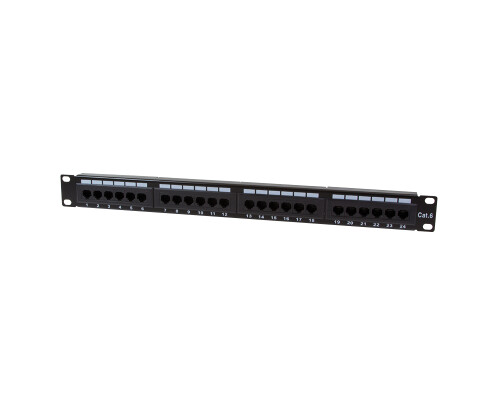 Cat.6 Patchpanel 24-Port UTP, 180&deg; Anschluss, 19" Einbau, 1 HE, schwarz