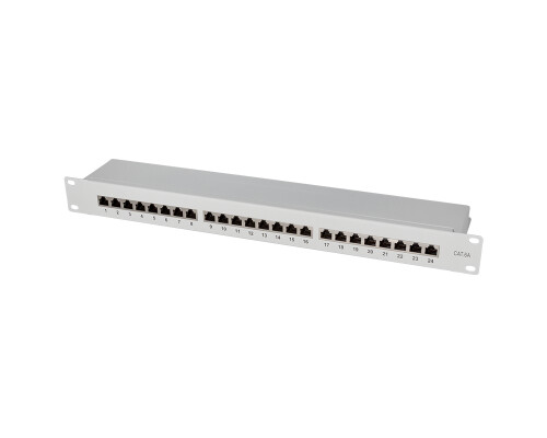 Cat.6A Patchpanel 24 Ports, geschirmt, 19" Einbau, 1 HE, hellgrau
