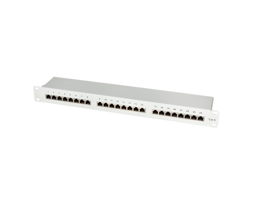 Cat.6 Patchpanel 24 Ports, geschirmt, 19" Einbau, 1 HE, hellgrau