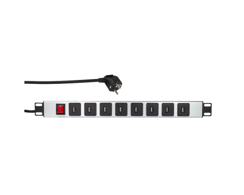 19" Steckdosenleiste mit 8 x USB Ladefunktion, mit Schalter