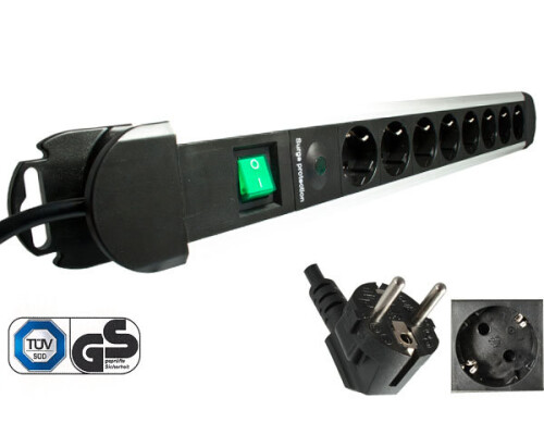 Steckdosenleiste mit &Uuml;berspannungsschutz, 8-fach Aluminium, Kindersicherung, GS, CE, 1,4m Kabel